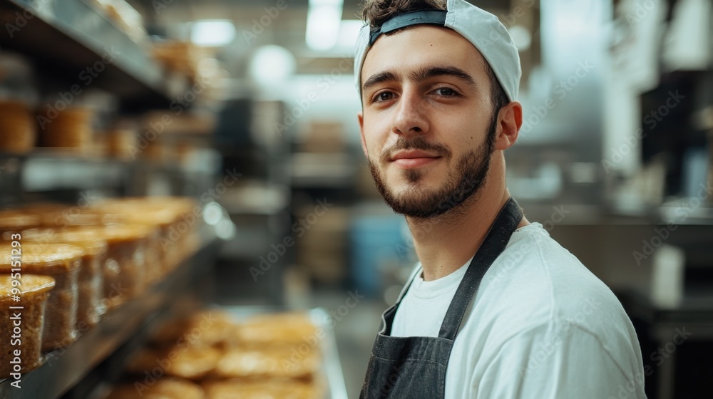 Young baker proudly poses in a bustling kitchen filled with fresh pastries and desserts during the early morning hours Young baker proudly poses in a bustling kitchen filled with fresh pastries and desserts during the early morning hours