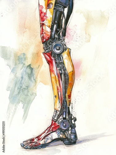 Advanced Prosthetics: Innovative Limb Design, showcasing a futuristic prosthetic leg with intricate mechanical details. The image highlights the fusion of technology and human form, representing progr photo