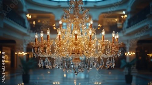 A large crystal chandelier hangs from the ceiling of a grand hall, illuminating the space with warm light.