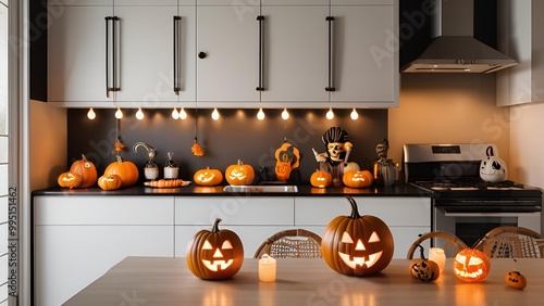 Some carved pumpkins stand on the table kitchen in the afternoon for Halloween ambience.
