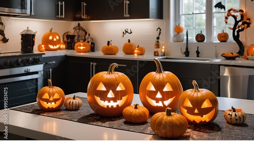 Some carved pumpkins stand on the table kitchen in the afternoon for Halloween ambience.