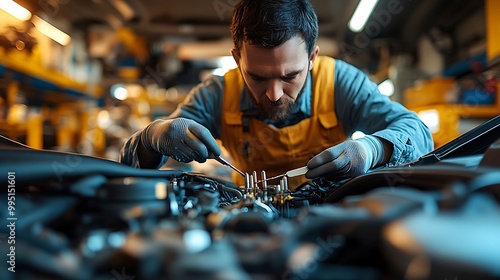 Mechanic performing a car tune-up, adjusting spark plugs with precision tools in hand. The car’s engine bay is brightly lit, highlighting the metallic parts and creating a clean,