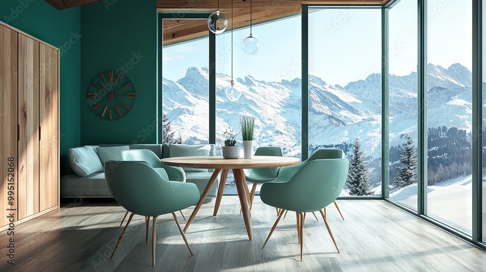 Fototapeta premium Chairs at a round wooden dining table in a green room with a wall-sized window overlooking the mountains