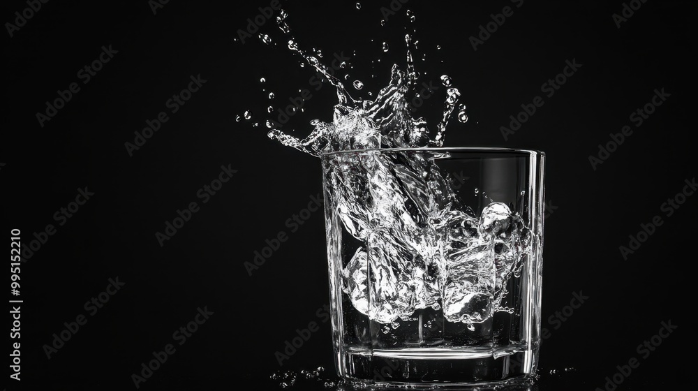 A splash of water frozen in mid-air as it tumbles into a crystal-clear glass against a solid black background A splash of water frozen in mid-air as it tumbles into a crystal-clear glass against a solid black background