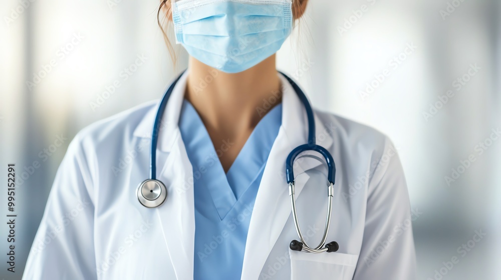 A healthcare professional in a mask and white coat stands confidently, representing dedication and care in a clinical environment. A healthcare professional in a mask and white coat stands confidently, representing dedication and care in a clinical environment.