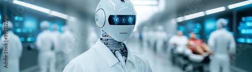 A futuristic scene featuring a humanoid robot in a lab, surrounded by scientists and advanced technology, suggesting themes of robotics and healthcare.