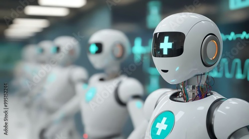 A line of humanoid robots with medical symbols, designed for healthcare settings, showcasing futuristic technology and robotic assistance.