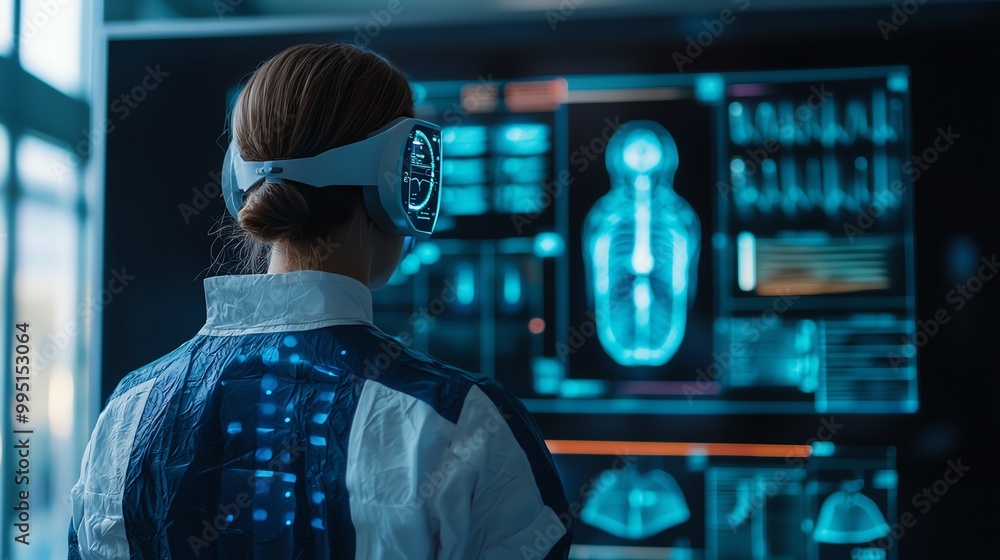 A person wearing VR goggles analyzes digital health data on a futuristic interface, showcasing advanced technology in medical imaging and virtual reality. A person wearing VR goggles analyzes digital health data on a futuristic interface, showcasing advanced technology in medical imaging and virtual reality.