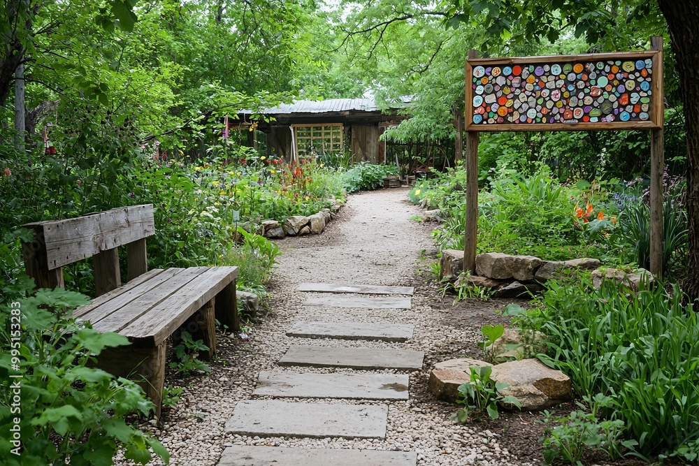 A community garden sign made from recycled materials. The sign showcases the garden’s name and values of sustainability A community garden sign made from recycled materials. The sign showcases the garden’s name and values of sustainability