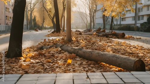 The fall season in the city with no people and seen some houses in the frame in golden hour, realistic photo taken around in the afternoon.