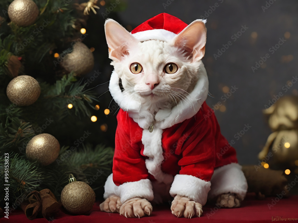 devon rex cat in red santa claus costume for christmas new year holidays, AI generated devon rex cat in red santa claus costume for christmas new year holidays, AI generated