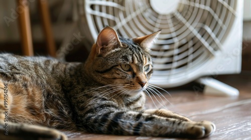 Feline resting by a pale air circulator. photo