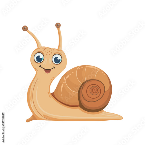 A cute vector illustration of a happy snail with a large spiral shell and expressive eyes. Perfect for children's books, educational materials, or nature-themed designs featuring animals and insects