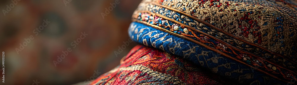 Close-Up of a Traditional Persian Hat Worn During Yalda Night: Intricate Patterns and Textures Captured with Depth Through Tilted Perspective Close-Up of a Traditional Persian Hat Worn During Yalda Night: Intricate Patterns and Textures Captured with Depth Through Tilted Perspective
