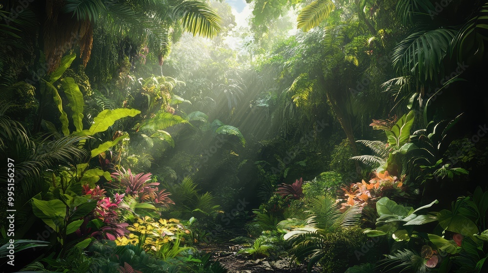 Fototapeta premium A dense rainforest with cascading vines and exotic plants