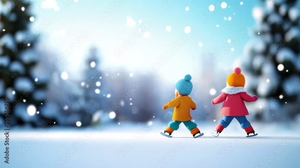 Two adorable children in winter attire enjoy a playful ice skating adventure on a snowy day, surrounded by a picturesque winter wonderland. Two adorable children in winter attire enjoy a playful ice skating adventure on a snowy day, surrounded by a picturesque winter wonderland.