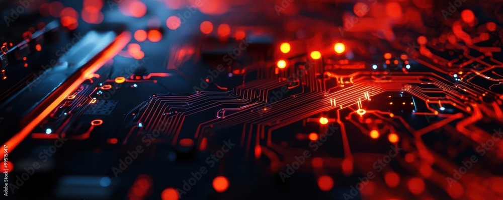 Close-up of a circuit board with glowing red lights. Close-up of a circuit board with glowing red lights.