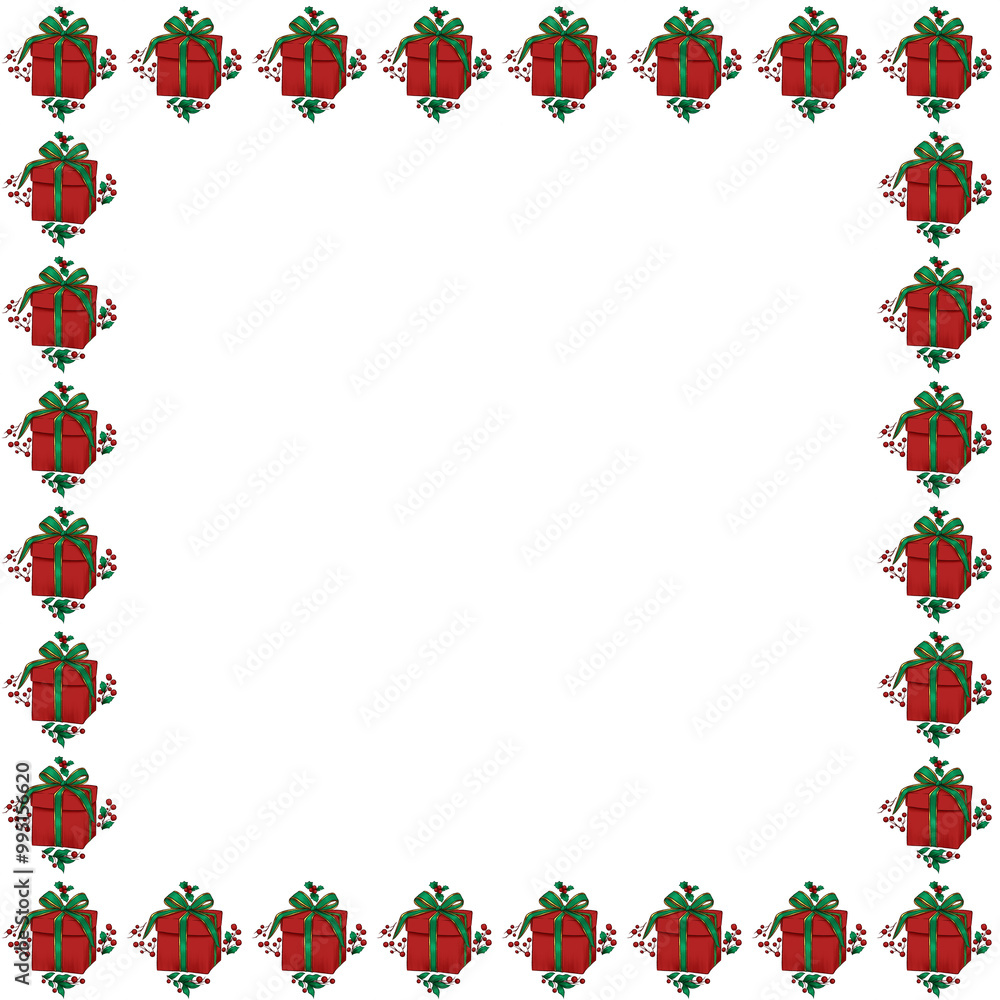 Illustration of red gift box with green gold ribbon pattern on transparent background. Wallpaper, background, wrapping, decoration, fabric Illustration of red gift box with green gold ribbon pattern on transparent background. Wallpaper, background, wrapping, decoration, fabric