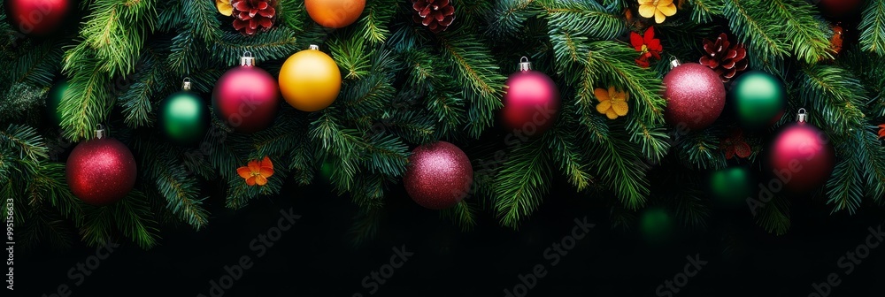 Vibrant red, green, orange, and gold Christmas ornaments hanging from lush evergreen branches, symbolizing celebration, joy, festivity, winter, and tradition. Vibrant red, green, orange, and gold Christmas ornaments hanging from lush evergreen branches, symbolizing celebration, joy, festivity, winter, and tradition.