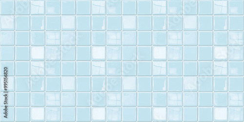 a seamless pattern of perfectly square, glossy baby blue tiles with white grout