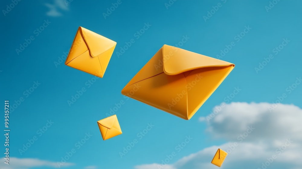 Yellow envelopes float against a bright blue sky, symbolizing communication, delivery, hope, opportunity, and optimism. Yellow envelopes float against a bright blue sky, symbolizing communication, delivery, hope, opportunity, and optimism.