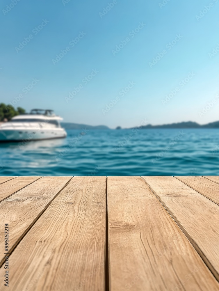 Fototapeta premium Wooden tabletop with blurred marina background, perfect for showcasing products, summer vibes, travel, coastal living, and relaxation.