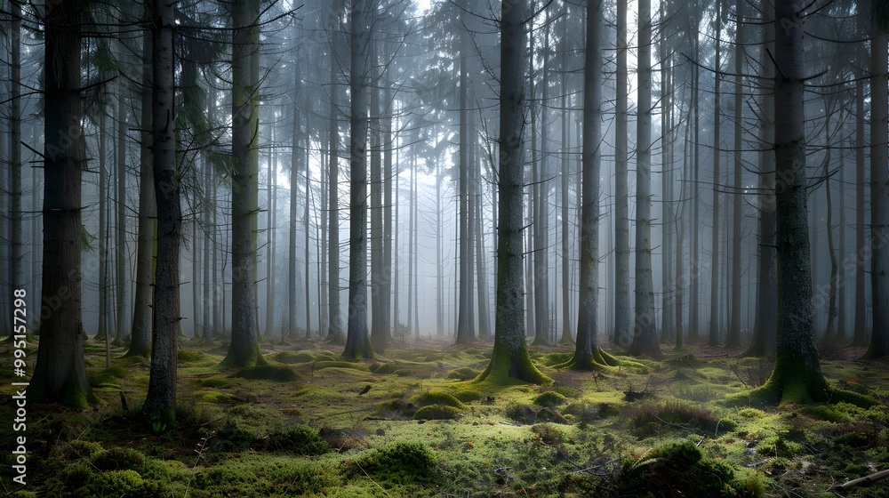 Misty Forest with Tall Trees and Lush Moss Misty Forest with Tall Trees and Lush Moss