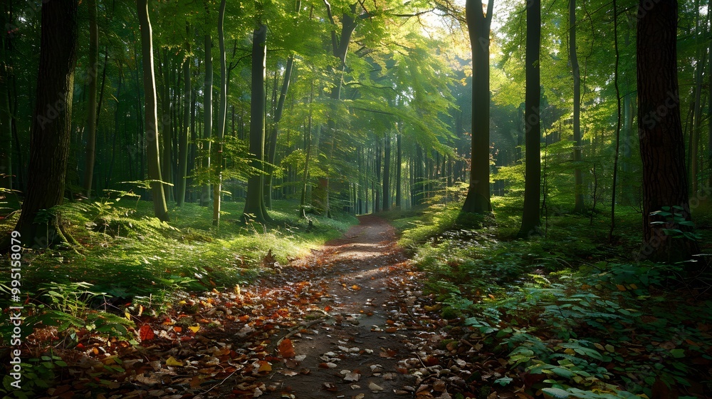 Obraz premium Serene Forest Path with Dappled Sunlight