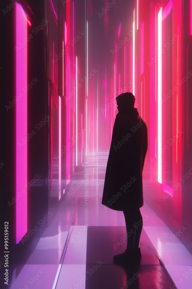 A man stands in a long hallway with neon lights A man stands in a long hallway with neon lights