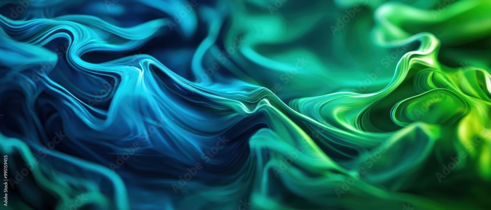 Fototapeta premium Abstract swirling fabric in blue and green tones, artistic background.