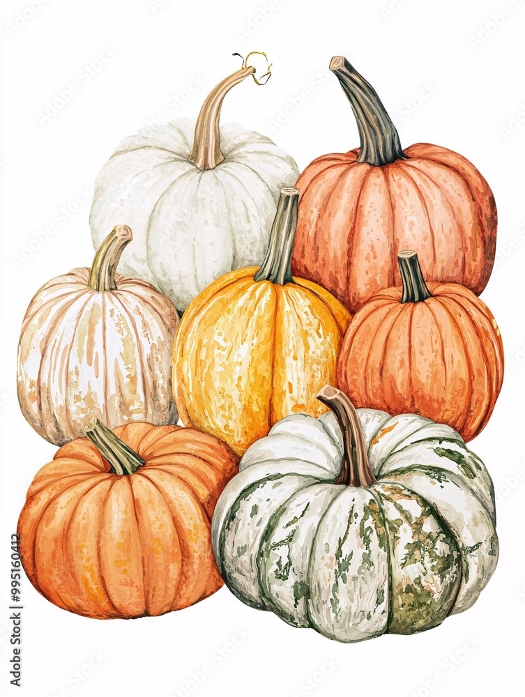 A vibrant collection of pumpkins in assorted sizes and hues set against a clean white backdrop, perfect for seasonal decor or poster displays. A vibrant collection of pumpkins in assorted sizes and hues set against a clean white backdrop, perfect for seasonal decor or poster displays.