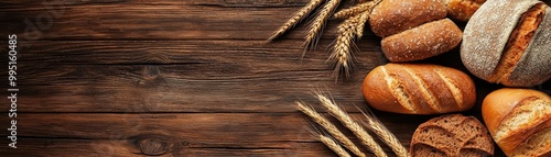 Assorted fresh bread on a rustic wooden table background.