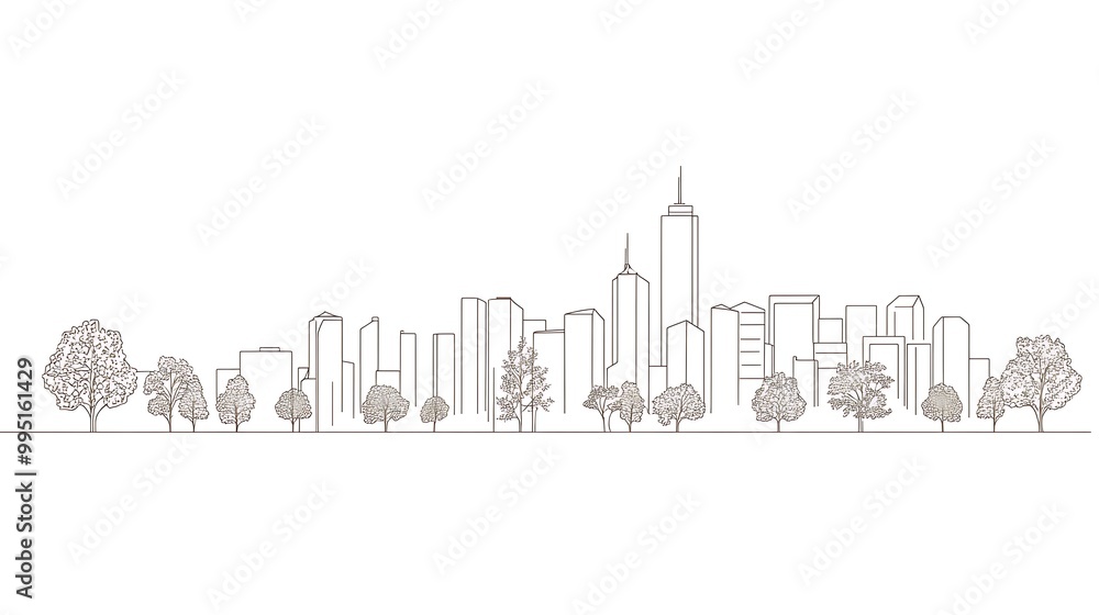 A simple line drawing of a city skyline with tall buildings and trees in front. A simple line drawing of a city skyline with tall buildings and trees in front.