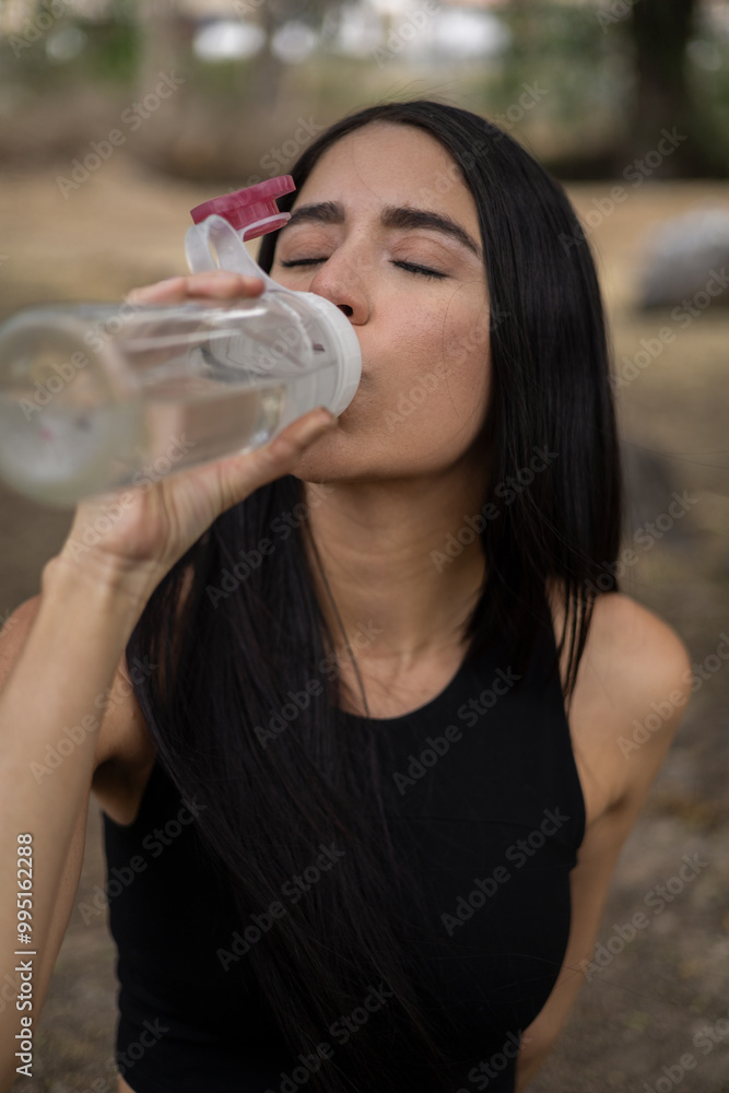 drinking water in a park, lifestyle of beautiful young woman with straight hair, natural beauty and sportswear, cooling off after workout routine, active life drinking water in a park, lifestyle of beautiful young woman with straight hair, natural beauty and sportswear, cooling off after workout routine, active life