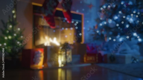 Wallpaper Mural Defocused frame for background. A serene Christmas Eve setting featuring a warmly lit fireplace, sparkling Christmas tree, and thoughtful gifts, all exuding holiday charm. 4K footage.  Torontodigital.ca