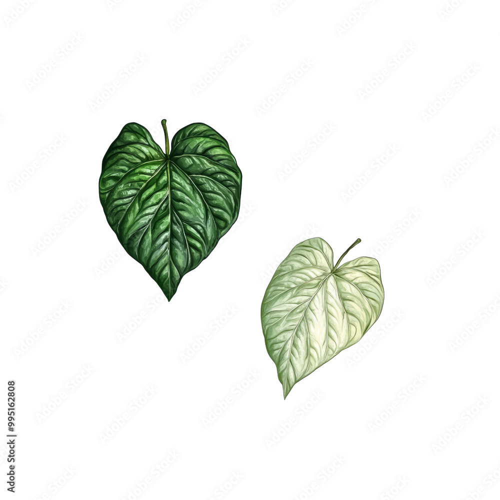 Green and White Heart-Shaped Leaves on White Background Green and White Heart-Shaped Leaves on White Background