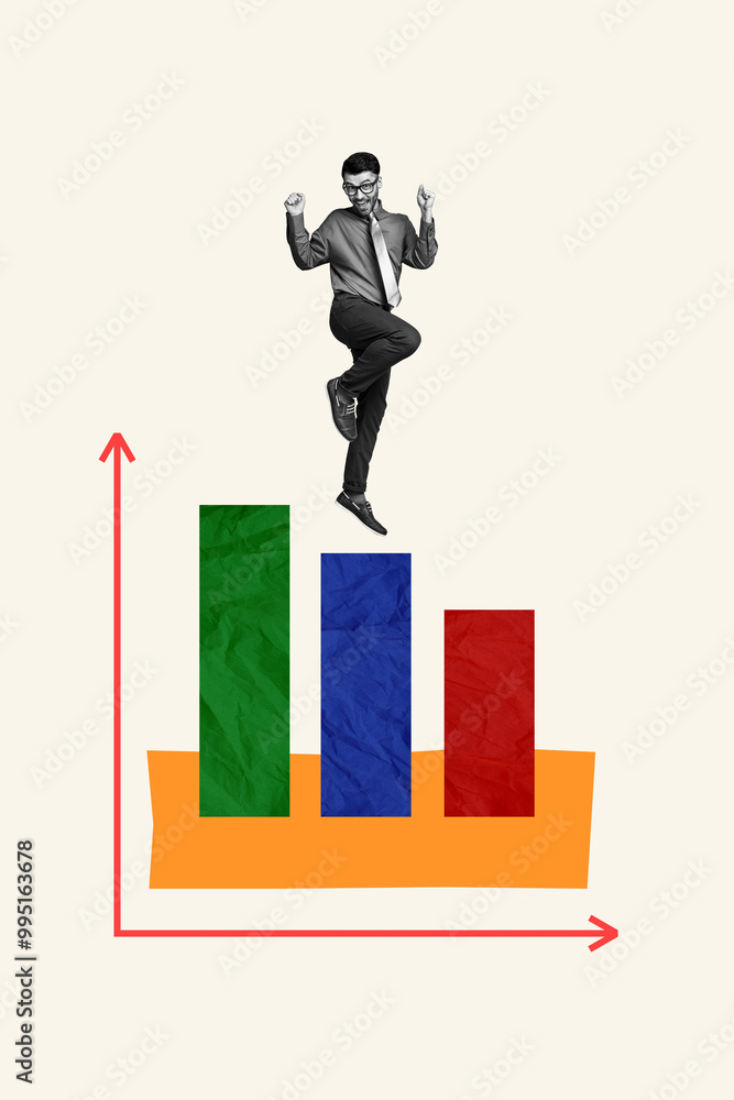 Vertical photo collage of happy businessman jump career development progress arrow up growth aim isolated on painted background Vertical photo collage of happy businessman jump career development progress arrow up growth aim isolated on painted background