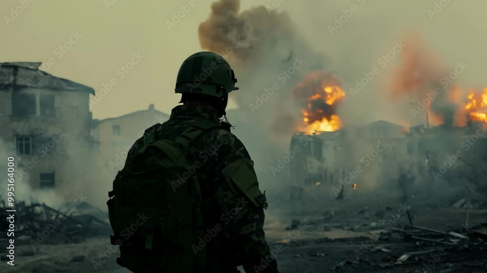 A soldier in a dirty uniform looks at destroyed burning houses. Silhouetted against the smoke, the soldier's stance is resolute, his gaze surveying the devastation. A soldier in a dirty uniform looks at destroyed burning houses. Silhouetted against the smoke, the soldier's stance is resolute, his gaze surveying the devastation.