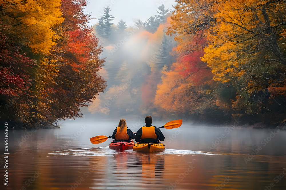 Couple Kayaking on Misty River Surrounded by Vibrant Autumn Foliage Couple Kayaking on Misty River Surrounded by Vibrant Autumn Foliage