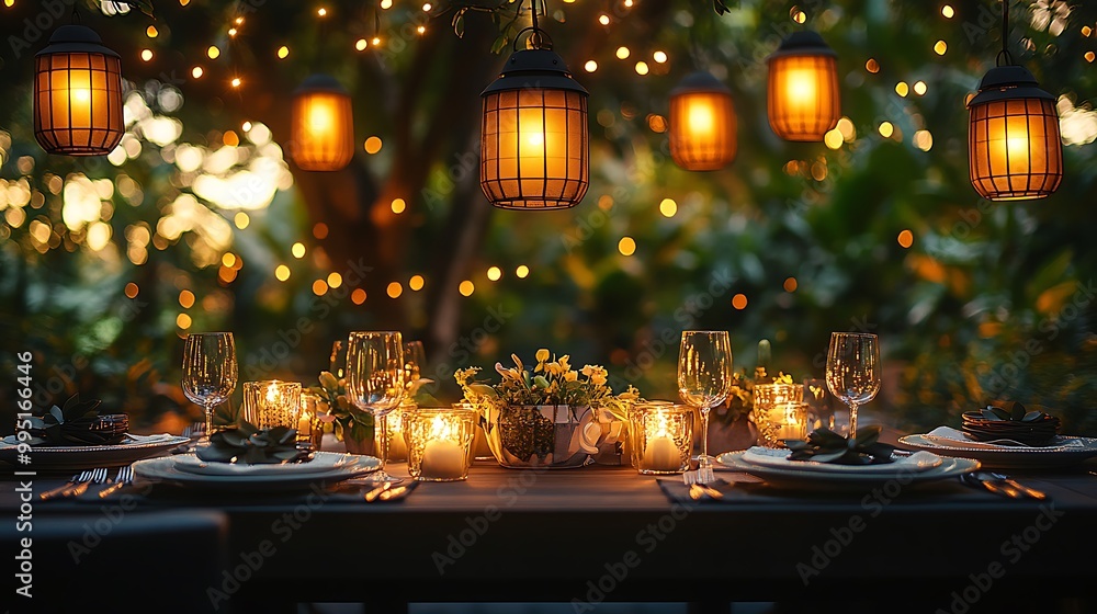 A luxury outdoor dinner for a couple, surrounded by glowing lanterns and fairy lights, table elegantly set with candles and fine china, soft golden light from the lanterns, A luxury outdoor dinner for a couple, surrounded by glowing lanterns and fairy lights, table elegantly set with candles and fine china, soft golden light from the lanterns,