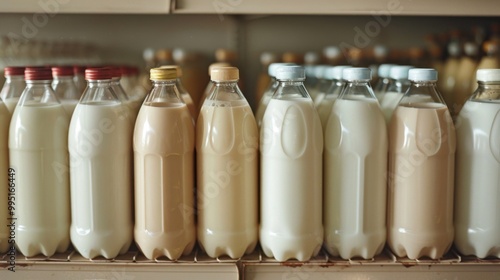 Milk: Available in bottles or cartons and kept in the refrigerated section, offering whole, skim, and delicious flavored options like chocolate and strawberry.
 photo