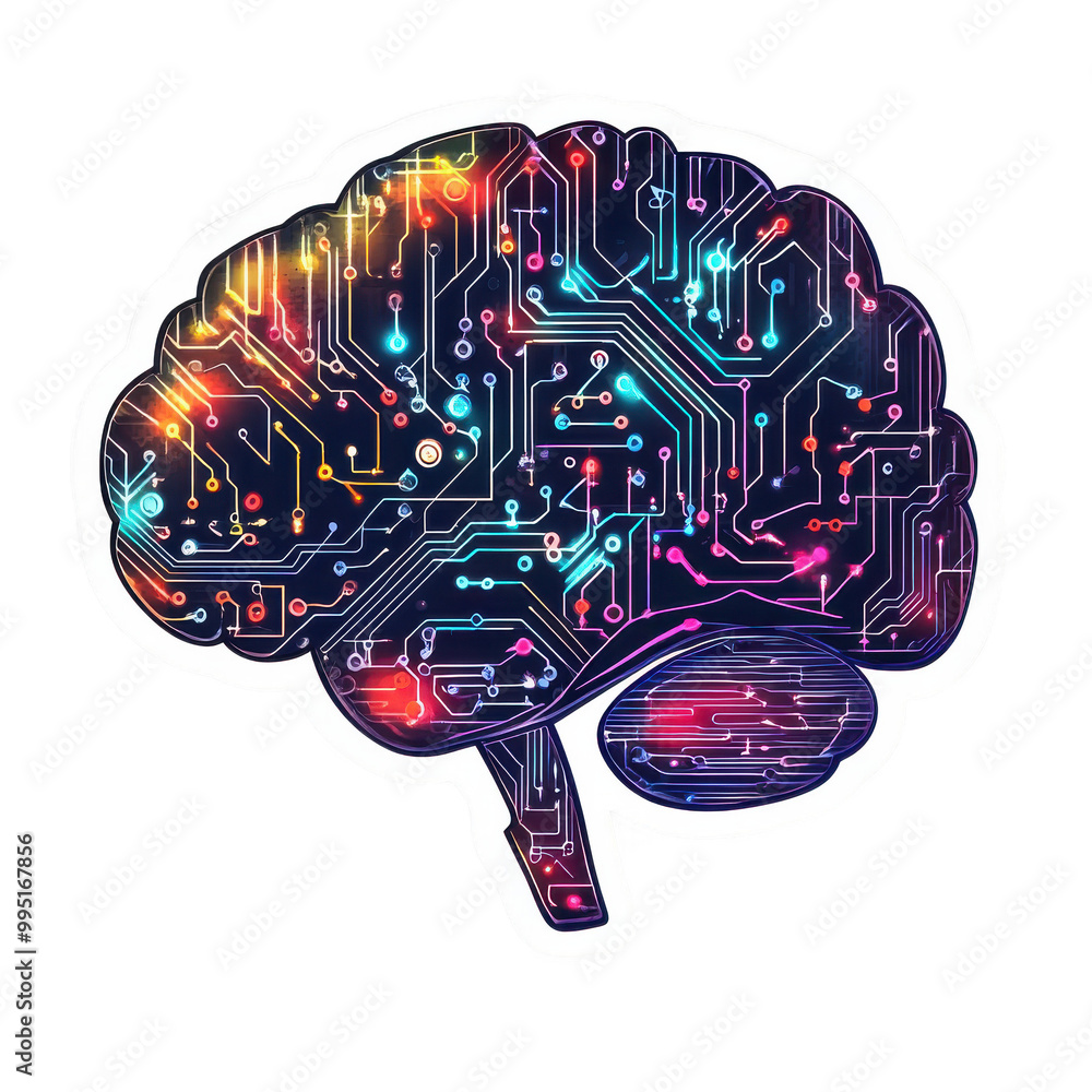 Fototapeta premium Colorful circuit brain illustration, white isolate background