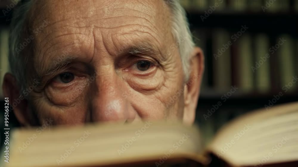 Old Caucasian man reading the book in a library. The library is his sanctuary, filled with tales waiting to be told. Old Caucasian man reading the book in a library. The library is his sanctuary, filled with tales waiting to be told.