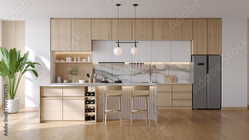 Foto Modern scandinavian  kitchen room interior, with wooden cabinets  and contemporary dinning island with plants and wood floor