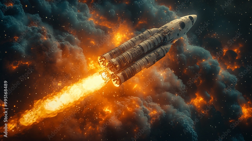 A powerful rocket breaks through fiery clouds, leaving a trail of smoke and fire as it ascends into space. A powerful rocket breaks through fiery clouds, leaving a trail of smoke and fire as it ascends into space.