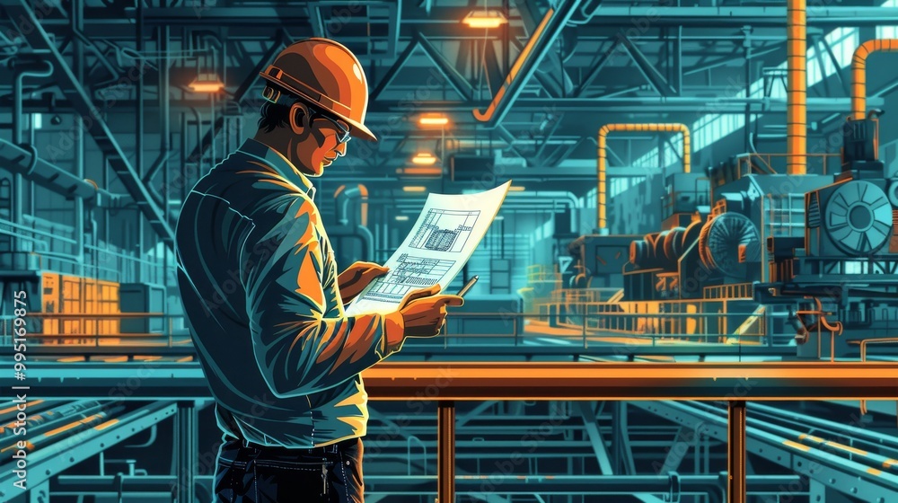 Industrial Worker Examining Blueprints Industrial Worker Examining Blueprints