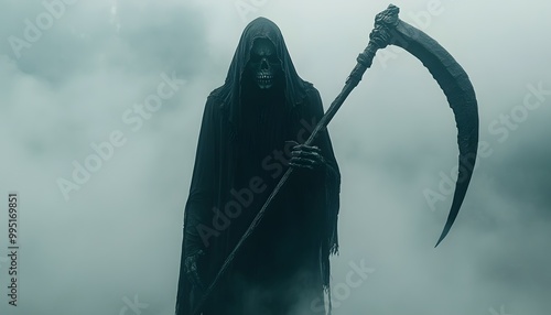 A grim reaper costume with a long black hooded cloak, holding a large scythe, in front of a misty background
