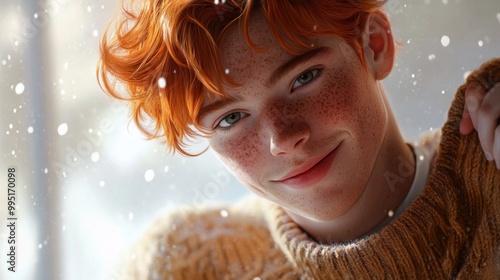 Vibrant Portrait of a Young Man, featuring bright red hair, freckles, cozy sweater, warm smile, ideal for showcasing youthfulness and positivity in various contexts photo