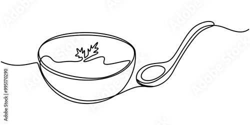 Continuous one single line of a soup with spoon food concept in silhouette on a white background. Linear stylized, Cartoon soup pictures for kids This is a vector illustration for preschool and home