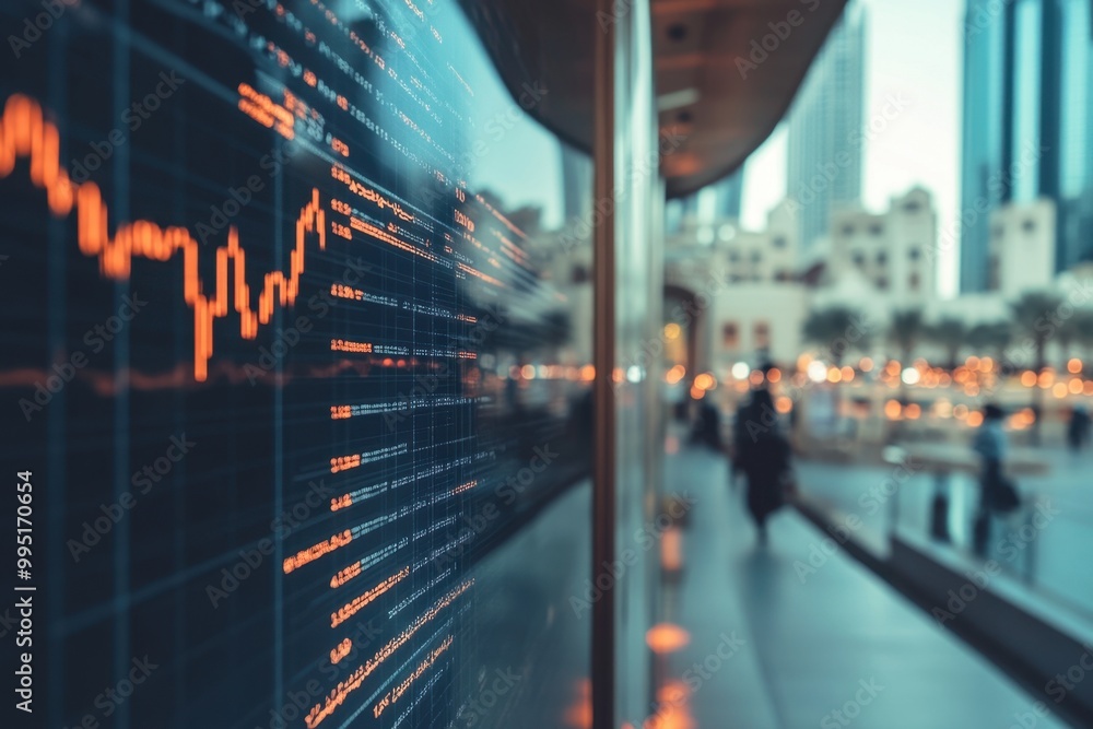 Stock market display showing fluctuating trends against a city skyline during twilight in an urban setting Stock market display showing fluctuating trends against a city skyline during twilight in an urban setting